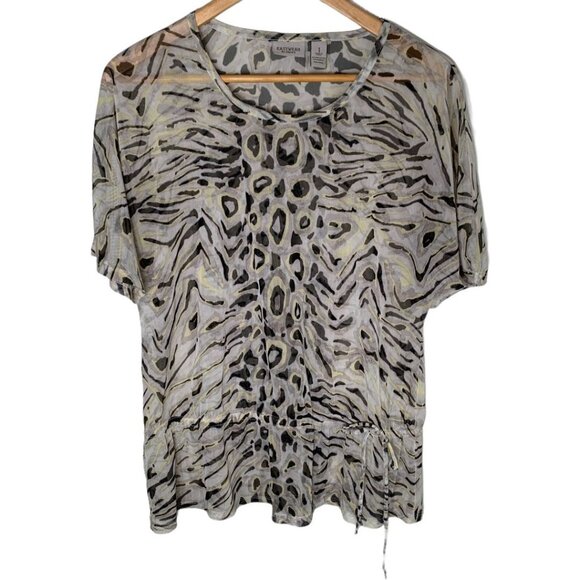 Chicos Easywear Sheer Animal Print Blouse Medium Tan Brown Fall Top - Picture 1 of 10